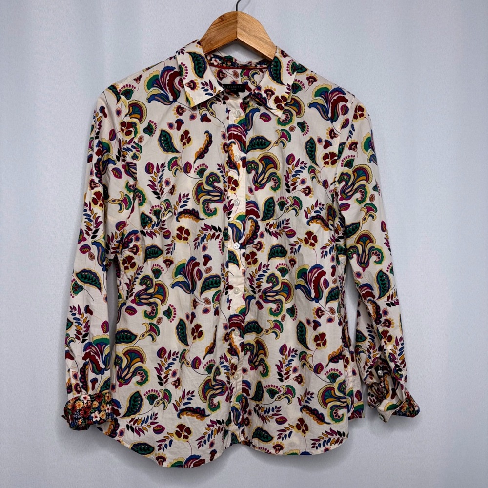 Talbots Petite Medium Paisley Cotton Button Down Shirt White Multi Color Boho - Picture 2 of 8